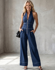 Dara | Zip Front Contrast Stitch Wide Leg Jumpsuit