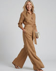 Jovie | Long Sleeve Button Front Wide Leg Jumpsuit