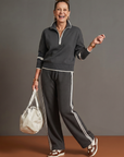 Rain | Zip Neck Long Sleeve Side Stripe Leg Pants Set