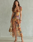 Ciel | Ruffled Sleeve Ruched Slit Midi Dress
