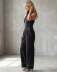 Dara | Zip Front Contrast Stitch Wide Leg Jumpsuit