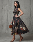 Greta | High Neck Keyhole Floral Pleated Midi Dress