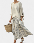 Aurcyn | Comfortable Loose Blouse & Striped Midi Skirt
