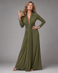 Vimmer | Draped Deep V Neck Long Sleeve Maxi Dress