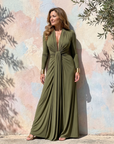 Vimmer | Draped Deep V Neck Long Sleeve Maxi Dress