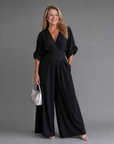 Emene | Draped V Neck Wide Leg Relaxed Jumpsuit