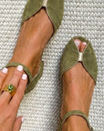 Elegant suede ballerinas with metallic trim and open toe