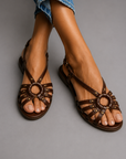 Metal stud sandals with openings in dark brown