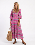 Apolline | Three Quarter Sleeve V Neck Patterned Midi Dress