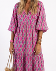 Apolline | Three Quarter Sleeve V Neck Patterned Midi Dress