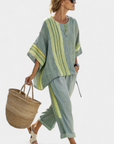 Elowric | Elegant Lavender Top & Mustard Striped Pants
