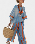 Velmere | Sophisticated Terracotta Striped Top & Linen Pants