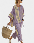Elowric | Elegant Lavender Top & Mustard Striped Pants