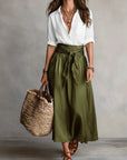 Makenzie | Two-Piece Set: Black Top and Olive Green Midi Skirt