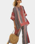 Bravine | Elegant Coral-Gray Linen Top & Wide-Leg Pants