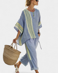 Elowric | Elegant Lavender Top & Mustard Striped Pants