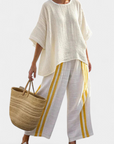 Anselor | Elegant Yellow Striped Linen Top & Wide-Leg Pants