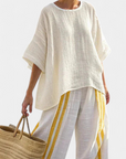 Anselor | Elegant Yellow Striped Linen Top & Wide-Leg Pants