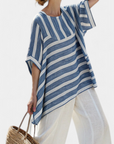 Corvielle | Sophisticated Blue Striped Top & Hem-Detailed Pants