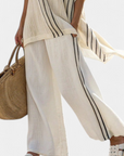 Greysen | Elegant Ivory Linen Blouse & Black Striped Pants