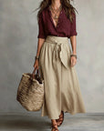 Makenzie | Two-Piece Set: Black Top and Olive Green Midi Skirt