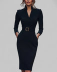 Amber | Women’s Long Sleeve Belted Sheath Midi Dress
