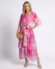 Calista | Sheer Layered V Neck Tie Waist Maxi Dress