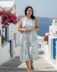 Solene | Sleeveless Blue Leaf Pattern Midi Dress