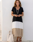 Thalia | Short Sleeve Color Block V Neck Midi Dress