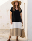 Thalia | Short Sleeve Color Block V Neck Midi Dress