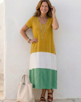 Thalia | Short Sleeve Color Block V Neck Midi Dress