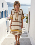 Aveline | V Neck Short Sleeve Striped Knee Length Dress