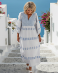 Evadne | V Neck Long Sleeve Embroidered Maxi Dress