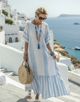 Ione | Round Neck Short Sleeve Striped Maxi Dress