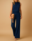 Women’s Wide Leg Jumpsuit – Round Neck Mid-Waist Fit for Elegant Styling