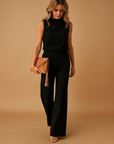 Women’s Wide Leg Jumpsuit – Round Neck Mid-Waist Fit for Elegant Styling