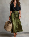 Vera – Set of two pieces: black blouse and olive green midi skirt