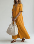 Pélagie™ — Long Cotton Dress with V-Neck for Summer Freedom