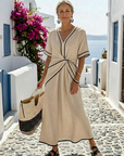 Linnea | V Neck Short Sleeve Gathered Waist Midi Dress