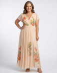 Calista | V Neck Short Sleeve Pleated Floral Maxi Dress