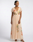 Calista | V Neck Short Sleeve Pleated Floral Maxi Dress