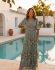 Evadne | Embroidered V Neck Maxi Dress