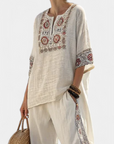 Tameric | Sophisticated Embroidered Raw Blouse & Wide Pants