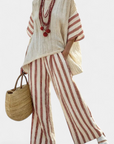 Braelith | Elegant Rustic Striped Top & Cream Linen Pants