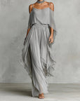 Isabela | Flowing gray set with spaghetti strap top and light pants