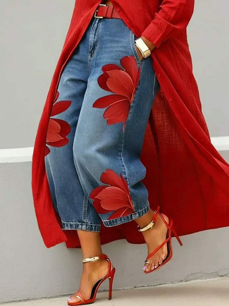 Adelaide - Linen Shirt Dress and Floral Jeans Set