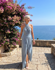 Vaelora | Cross Halter Draped Side Slit Midi Dress