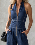 Dara | Zip Front Contrast Stitch Wide Leg Jumpsuit