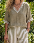 Wren | Contrast V Neck Tunic Stripe Trouser Set