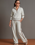 Rain | Zip Neck Long Sleeve Side Stripe Leg Pants Set